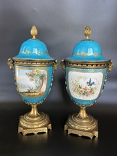 Sevres-Style Cobalt Blue and Gold Porcelain Twin-Handled Urn Vase with Hand-Painted Courting Scene — listing 6