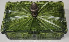 Vintage Avocado Green Pressed Glass Ruffled Compote / Candy Dish with Star Pattern — listing 3