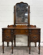 Antique 1920s-1930s Depression-Era Walnut Vanity Dressing Table with Trifold Etched Mirror — listing 6