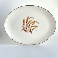 Vintage Golden Wheat Pattern Scalloped Serving Bowl, Ivory Ceramic — listing 2