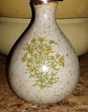 Vintage Takahashi Speckled Stoneware Sake Bottle Vase with Woven Rattan Medallion — listing 6