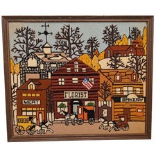 needlepoint framed art Vintage Framed Needlepoint Town Square Scene 17" x 14.5" — listing 3