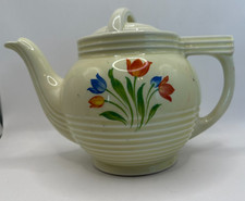 Vintage Tea-O-Lator Ceramic Teapot with Tulip Floral Band, Cream Ground with Silver Trim — listing 6