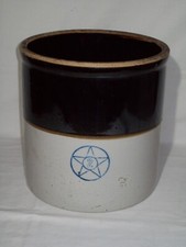 Antique Stoneware Crock with Blue Star Trademark, Brown & White Salt Glaze — listing 3