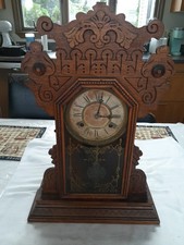 Antique Victorian Pressed Oak Gingerbread Kitchen Mantel Clock with Pendulum — listing 3