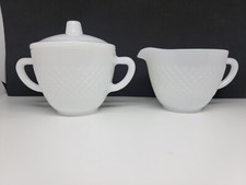 Milk Glass Creamer and Sugar Set with Embossed Floral/Leaf Pattern and Scalloped Rims — listing 4