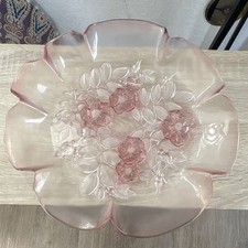 Vintage Pink Diamond Point Pattern Pressed Glass Bowl with Beaded Rim — listing 6