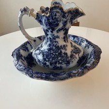 Antique Flow Blue and Gilt Porcelain Wash Pitcher and Basin Set — listing 4