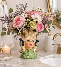 Vintage Ceramic Head Vase - Young Girl with Pigtails and Blue Eyes — listing 3