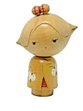 Pair of Japanese Kokeshi Doll Heads / Turned Wood Lidded Bowls with Hand-Painted Floral Decoration, Artist-Signed — listing 5