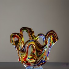 Vintage Amber Swirl Optic Hand-Blown Glass Vase with Ruffled Rim — listing 6