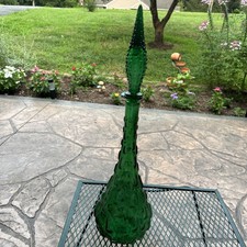 Vintage Empoli Green Glass Genie Bottle Decanter with Flower Stopper — listing 2