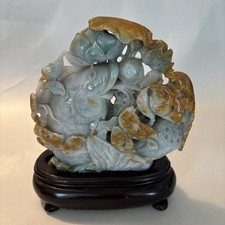 Chinese Carved Yellow Jade / Serpentine Koi Fish Figurine on Wood Stand — listing 4