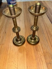 Pair of Vintage Tall Brass Floor Altar Candlesticks on Wood Bases — listing 3