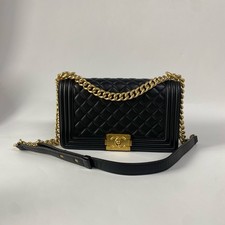 Black Quilted Lambskin Leather Handbag with CC-Style Stitched Logo — listing 5
