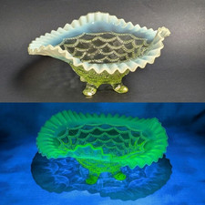 Antique Vaseline/Uranium Glass Footed Bowl with Opalescent Scalloped Rim and Floral Pattern, 8.5" — listing 3