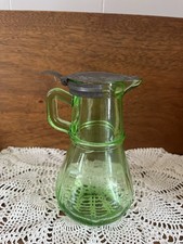 Vintage Uranium Green Depression Glass Syrup Pitcher with Hinged Metal Lid, 4.5 inches — listing 3