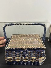Vintage Woven Wicker Sewing Basket with Green Wooden Lid and Starburst Motif