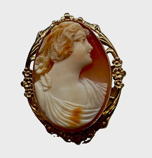 14K Gold Shell Cameo Pin/Pendant, Carved Left-Facing Woman, Ornate Scrolled Frame
