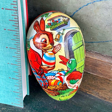 Standing Easter Rabbit Figure with Basket on Back, Composition/Papier-mâché Style Candy Container Other maker's mark — listing 6