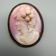 Antique Pink & White Cameo Brooch, Carved Female Profile, Wired Edge Gold-Filled Mount