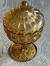 Vintage Amber Glass Thumbprint Footed Compote / Pedestal Bowl — listing 2