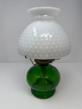 Vintage Green Glass Hurricane Oil Lamp with White Hobnail Milk Glass Shade — listing 3
