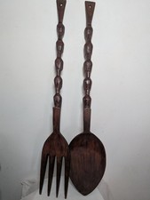 Large Carved Wood Fork and Spoon Wall Decor Set with Twisted Handles