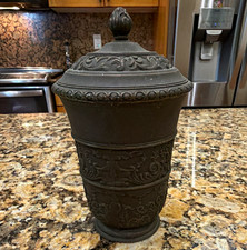 Set of 3 Decorative Embossed Metal Lidded Canisters with Footed Bases and Finial Lids — listing 2
