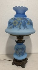 Pair of Vintage Hurricane Table Lamps with Hand-Painted Milk Glass Floral & Butterfly Shades — listing 4