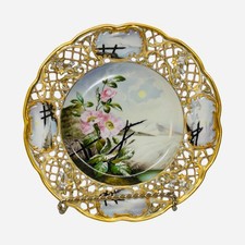 Reticulated Floral Porcelain Cabinet Plates with Gilt Trellis Center and Hand-Painted Rose Bouquets — listing 5