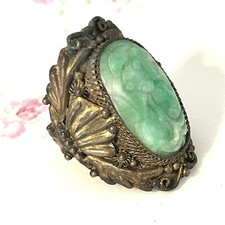 Antique Filigree Green Stone Solitaire Ring with Floral Shoulder Detail — listing 2