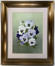 Vintage Oil Painting Still Life of Pansies in Ceramic Vase, Gilt Wood Frame — listing 2