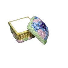 Vintage Ceramic Lidded Trinket Box with Yellow Ground and Floral Transfer Decoration — listing 3