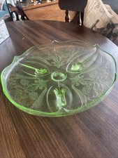 Uranium Green Depression Glass Open Sugar Bowl, Block Optic Pattern, Double-Handled Footed — listing 3