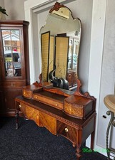 Antique 1920s-1930s Depression-Era Walnut Vanity Dressing Table with Trifold Etched Mirror