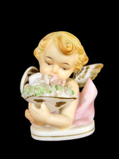 Pair of Vintage Bisque Porcelain Cherub Angel Bust Figurines with Applied Roses — listing 4