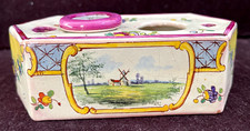 Antique French Faience Inkstand (Encrier) with Twin Inkwells - Yellow Mustard Ground with Hand-Painted Flowers, DE Mark Only the DE initials and wheel are prese — listing 3