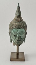 Cast Metal Buddha Head Sculpture with Ushnisha and Spiral Curls on Display Stand — listing 5