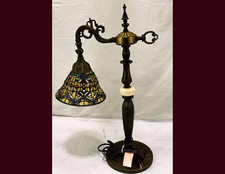 Tiffany-Style Stained Glass Bridge Arm Table Lamp with Bronzed Metal Base — listing 3