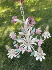 Italian Gilt Tole Toleware Chandelier with White Porcelain Roses, 3-Light — listing 5