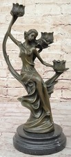 Art Nouveau Style Bronzed Figural Sculpture of a Maiden Arranging Her Hair, on Circular Base with Tree Trunk Support, approx 24" tall — listing 2