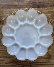 Vintage Milk Glass Deviled Egg Plate with Grape Pattern, Center Bowl & Spoon — listing 4