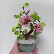 Chinese Jade & Hardstone Flowering Bonsai Tree in Celadon Carved Planter, listing 5