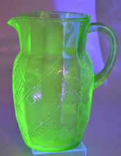 Vintage Green Uranium Glass Pressed Pitcher with Floral and Diamond Pattern, 8 inches — listing 2