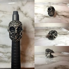 Four-Finger Gothic Skull Knuckle-Duster Statement Ring with Faceted Black Stone — listing 5