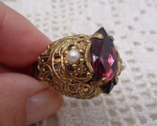 Vintage West Germany Filigree Brooch with Baroque Faux Pearl and Green Rhinestones — listing 5