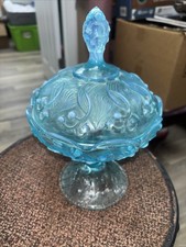 White Opalescent Ruffled-Edge Footed Compote with Beaded/Hobnail Pattern