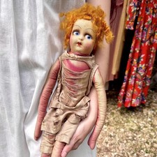 Vintage Cloth Boudoir Doll with Painted Felt Face, Straw Hat and Silk Dress — listing 4