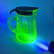 Vintage Uranium Green Depression Glass Syrup Pitcher with Hinged Metal Lid, 4.5 inches
